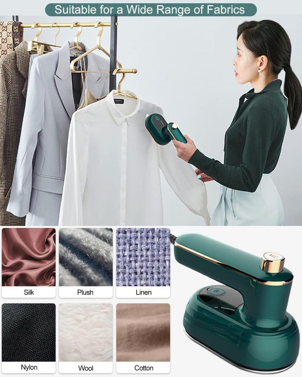 Mini Steam Iron Green Rose Gold Travel Portable